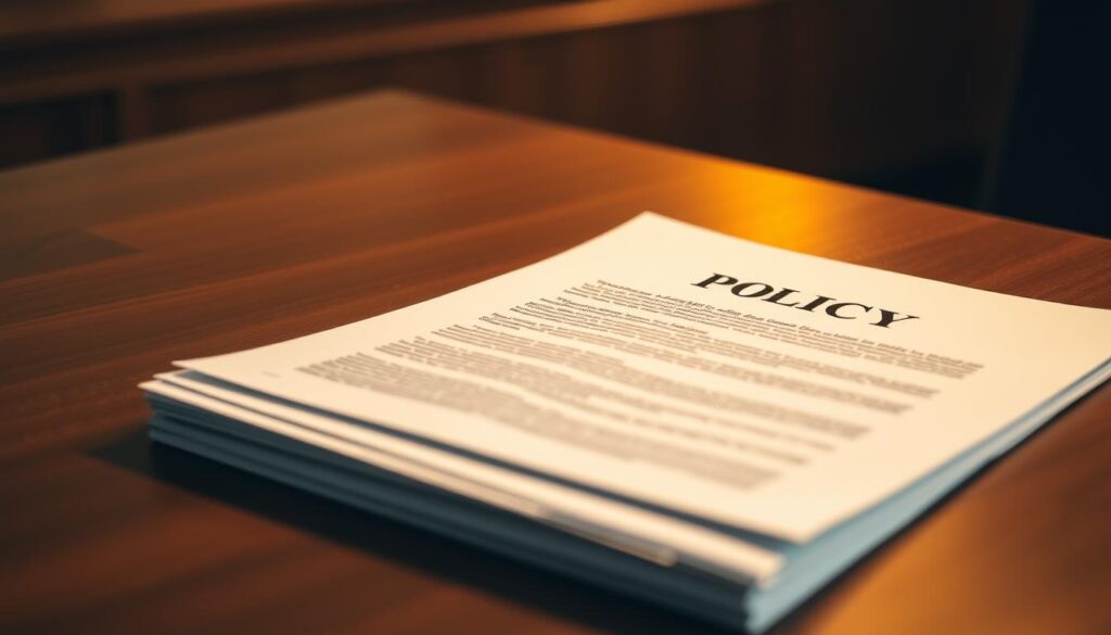 A detailed policy document resting on a polished wooden surface, with a sense of authority and professionalism. The document's pages are crisp and well-organized, hinting at the comprehensive nature of the disability policies it contains. A warm, indirect light illuminates the scene, creating a thoughtful, contemplative atmosphere. The background is slightly blurred, placing the focus squarely on the policy document, which appears to be the centerpiece of the composition. The overall impression is one of a carefully crafted, important set of regulations designed to promote inclusivity and accessibility for people with disabilities.