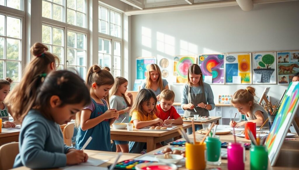 A lively art classroom, flooded with natural light from large windows. In the foreground, students engrossed in hands-on creative projects - molding clay, painting vibrant canvases, and sketching imaginative designs. The middle ground showcases a teacher guiding and encouraging their exploration, offering thoughtful feedback. The background features colorful displays of student artwork, inspiring the class to discover their artistic potential. The scene conveys a sense of joy, curiosity, and a deep appreciation for the transformative power of art-integrated learning.
