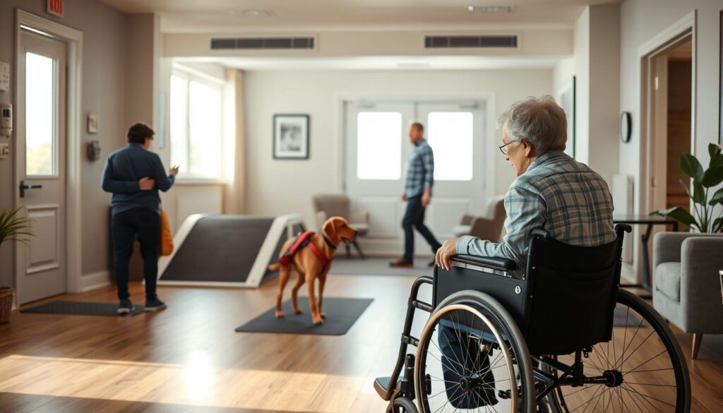 A spacious, well-lit indoor space showcasing a variety of assistive technologies and accessibility solutions. In the foreground, a wheelchair user interacts with a voice-controlled smart home interface, buttons, and touch screens. In the middle ground, a person with visual impairment navigates using a guide dog and tactile floor markings. The background features ramps, wide doorways, and ergonomic furniture, creating a harmonious, inclusive environment. Soft, warm lighting and muted, earthy tones evoke a sense of comfort and inclusivity. The overall scene conveys a commitment to accessibility and a welcoming, barrier-free space.