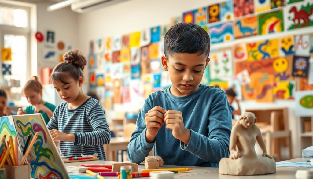A vibrant classroom setting, with students engaged in various artistic activities. In the foreground, a group of students carefully crafting colorful paintings, their faces alight with concentrated expressions. In the middle ground, a student sculpts a clay figure, kneading the material with nimble fingers. The background reveals a vast array of student artworks adorning the walls, ranging from intricate drawings to vibrant murals. Soft, natural lighting filters through large windows, creating a warm, inviting atmosphere that fosters creativity and inspiration. The scene conveys the tangible benefits of incorporating art into the educational journey, empowering students to explore their imagination and unlock their full potential.
