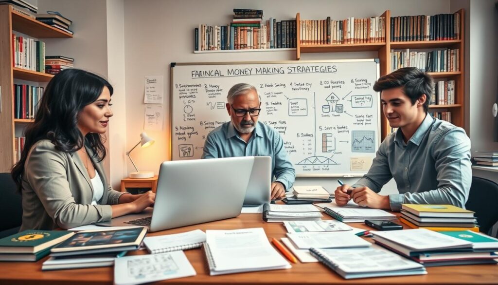 A cluttered desk scene showcasing foundational money-making strategies for beginners. In the foreground, a diverse group of three individuals (a young woman in professional attire, a middle-aged man in smart casual clothing, and a young man in a neat shirt) engaged in discussion around a laptop, with notebooks and financial charts scattered on the table. In the middle ground, a whiteboard filled with diagrams and bullet points illustrating key concepts like saving, investing, and side hustles. The background features shelves filled with books on personal finance and entrepreneurship. Soft, warm lighting enhances a collaborative and motivational atmosphere, while a wide-angle perspective captures the room's energetic vibe. Overall, the image reflects a practical yet inspiring environment for financial learning. A cluttered desk scene showcasing foundational money-making strategies for beginners. In the foreground, a diverse group of three individuals (a young woman in professional attire, a middle-aged man in smart casual clothing, and a young man in a neat shirt) engaged in discussion around a laptop, with notebooks and financial charts scattered on the table. In the middle ground, a whiteboard filled with diagrams and bullet points illustrating key concepts like saving, investing, and side hustles. The background features shelves filled with books on personal finance and entrepreneurship. Soft, warm lighting enhances a collaborative and motivational atmosphere, while a wide-angle perspective captures the room's energetic vibe. Overall, the image reflects a practical yet inspiring environment for financial learning.