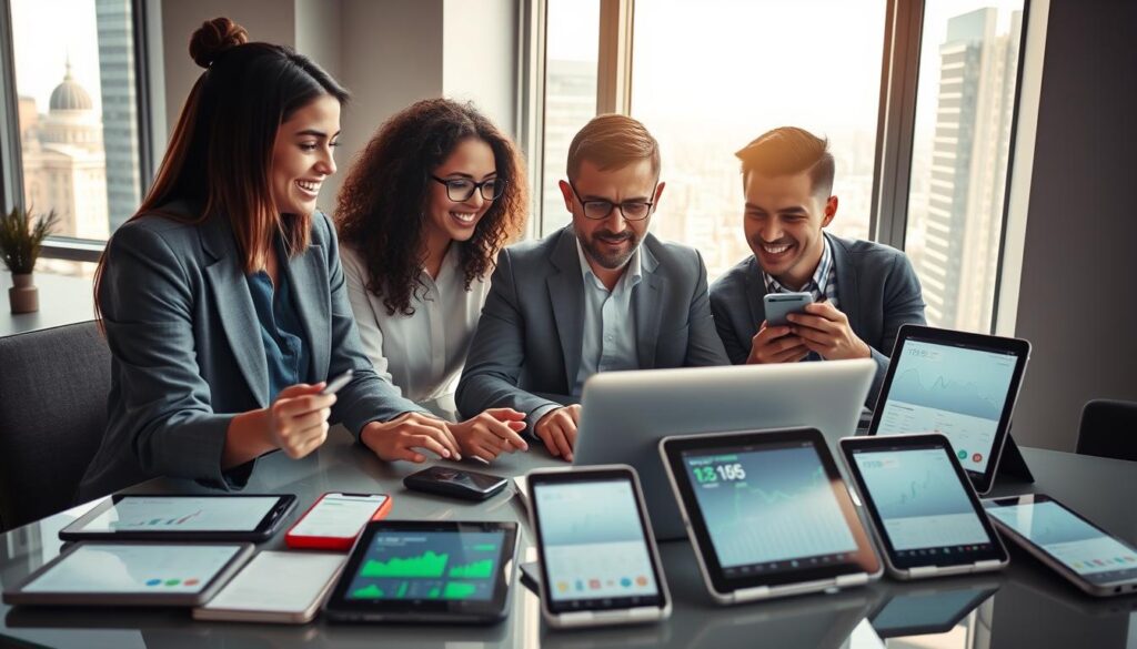 A vibrant scene depicting a modern online earning platform. In the foreground, a diverse group of three individuals, a young woman in smart casual attire, a middle-aged man in a professional suit, and a college student in comfortable yet professional clothing, are gathered around a laptop, collaborating enthusiastically. The middle ground features a well-designed workspace with various digital devices, including tablets and smartphones, all displaying financial graphs and online platforms. In the background, a large window reveals a bright cityscape, suggesting a bustling urban environment. Soft natural lighting streams in, creating an inviting and uplifting atmosphere. The composition captures a sense of opportunity, teamwork, and the potential of online earning, without any text or overlays, focusing purely on the scene's vivid interaction and professional setting. A vibrant scene depicting a modern online earning platform. In the foreground, a diverse group of three individuals, a young woman in smart casual attire, a middle-aged man in a professional suit, and a college student in comfortable yet professional clothing, are gathered around a laptop, collaborating enthusiastically. The middle ground features a well-designed workspace with various digital devices, including tablets and smartphones, all displaying financial graphs and online platforms. In the background, a large window reveals a bright cityscape, suggesting a bustling urban environment. Soft natural lighting streams in, creating an inviting and uplifting atmosphere. The composition captures a sense of opportunity, teamwork, and the potential of online earning, without any text or overlays, focusing purely on the scene's vivid interaction and professional setting.